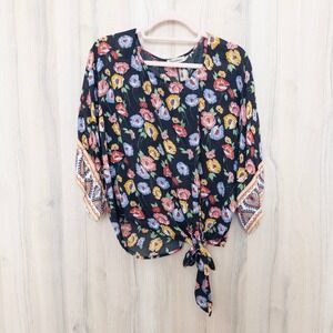 Democracy Womens Floral Top Size S Black Boho Tie Front Romantic Folk Festival